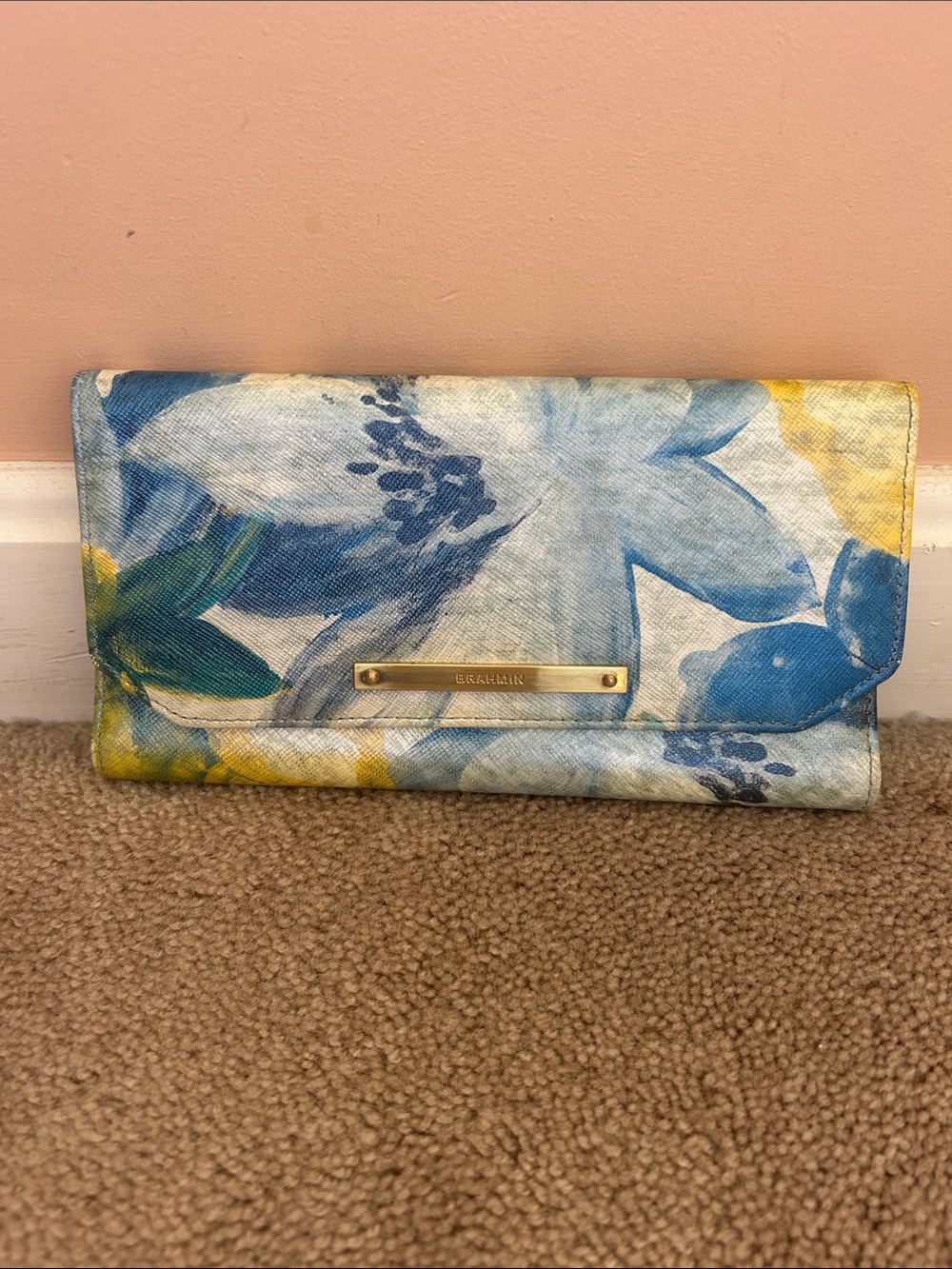 Brahmin Blue Floral Foldover wallet with Gold Plaque